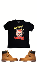 Load image into Gallery viewer, Chucky Reason Snitches Get Stiches Black T-shirt.
